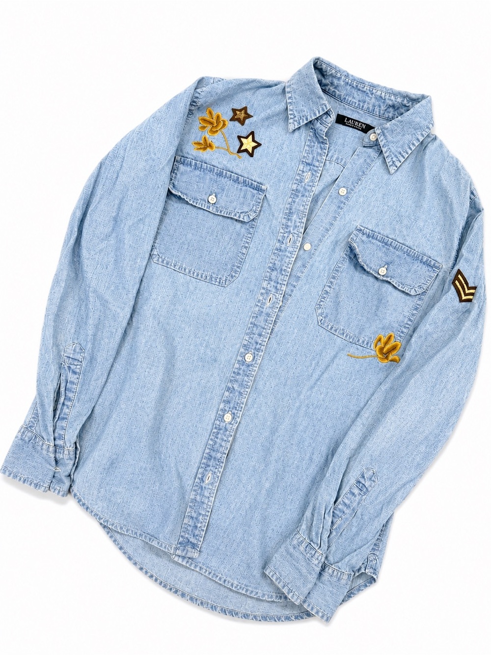 Lauren Ralph Lauren Chambray Utility Button-Up Shirt with Embroidered Appliqués